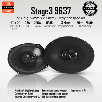 JBL STAGE3-9637 - 6" x 9" (152mm x 230mm) 3-way Car Speaker (with Grilles)